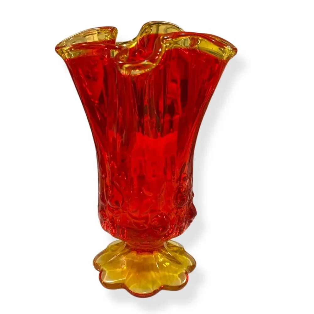 VTG Fenton‎ Glass Amberina Stretch Ruffled Vase 6